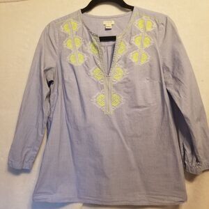 J Crew XS Light Blue With Yellow Embroidered Cotton Lightweight Preppy Bohemian